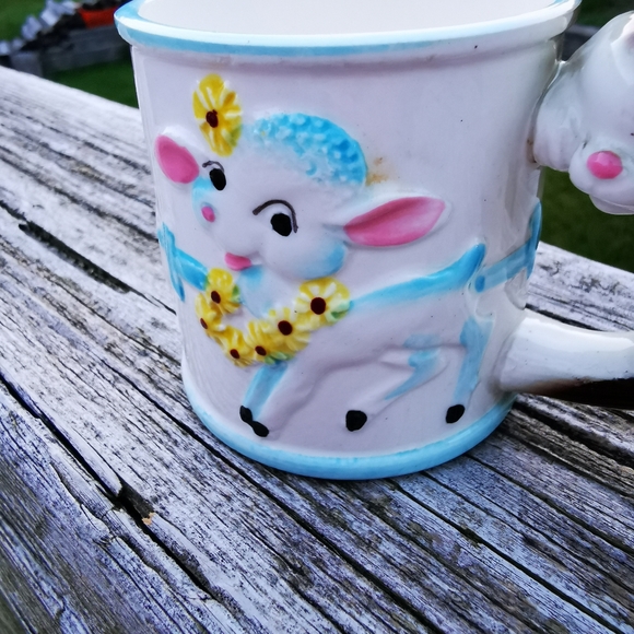 Vintage Ceramic Child's Cup with Lamb Cat Dog and Bunny Handle - Picture 2 of 12